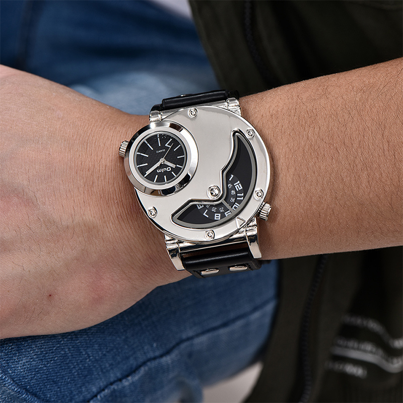 Multi-timezone leather strap watch