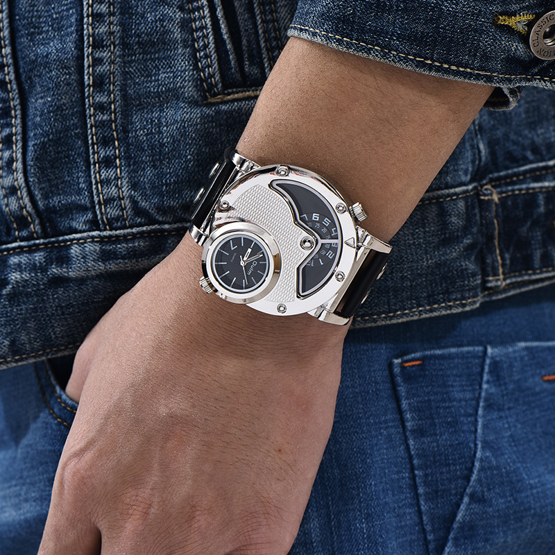 Multi-timezone leather strap watch