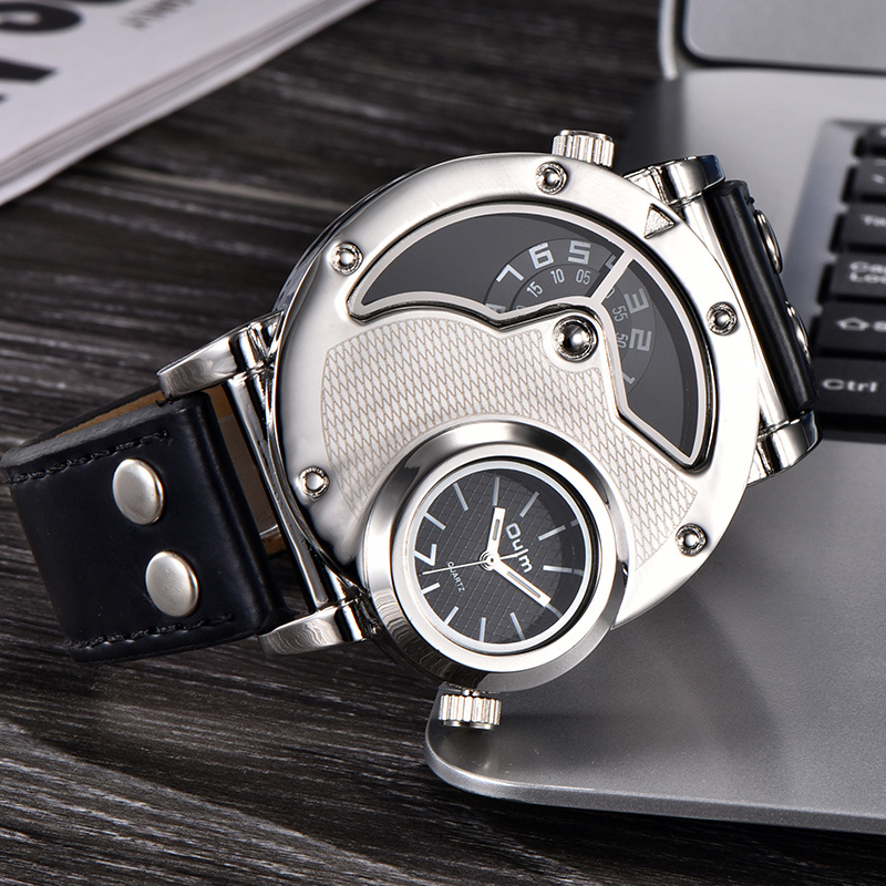 Multi-timezone leather strap watch
