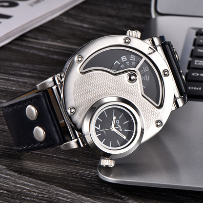 Multi-timezone leather strap watch